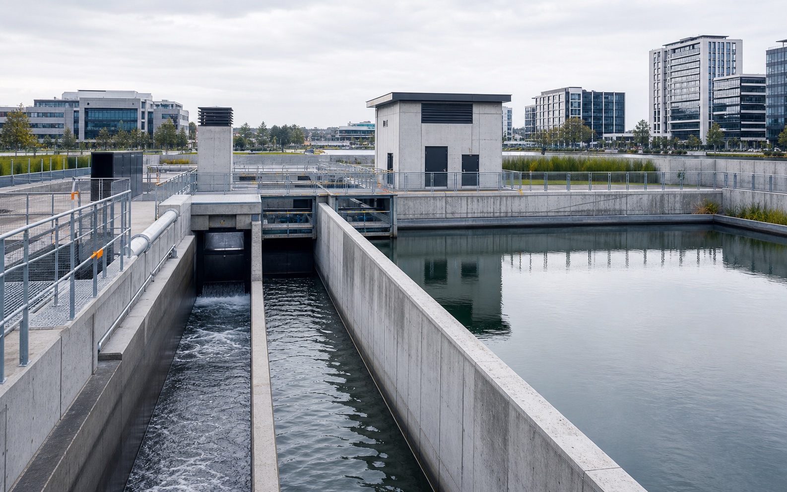 Sistema hidráulico urbano ficticio con canales y estructuras de concreto