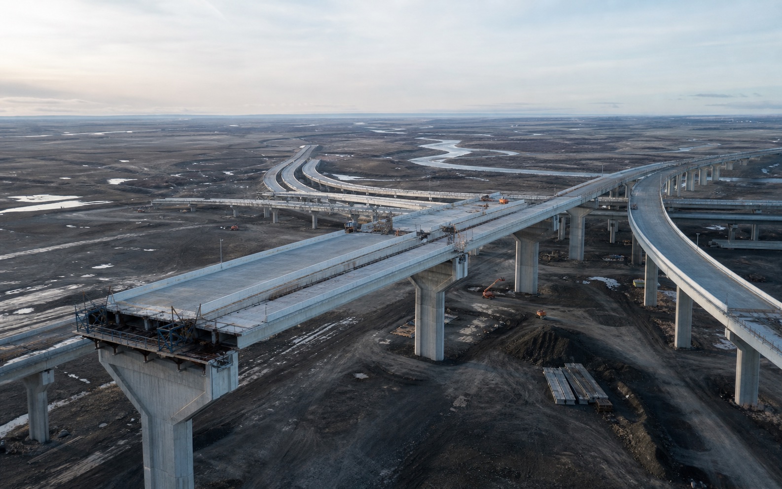 Infraestructura vial ficticia con viaductos de concreto en construcción